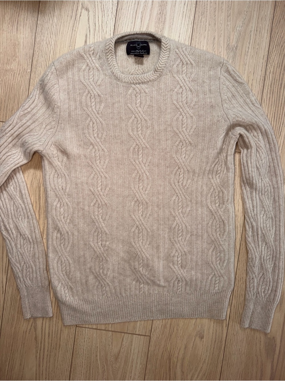 Black Brown 1826 Men’s Beige Cable Knit Crewneck 100% Cashmere Sweater